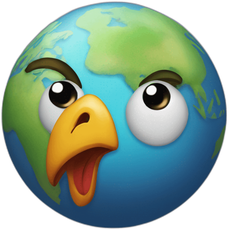 planet Earth with a cartoon chicken face with raised eyebrow emoji