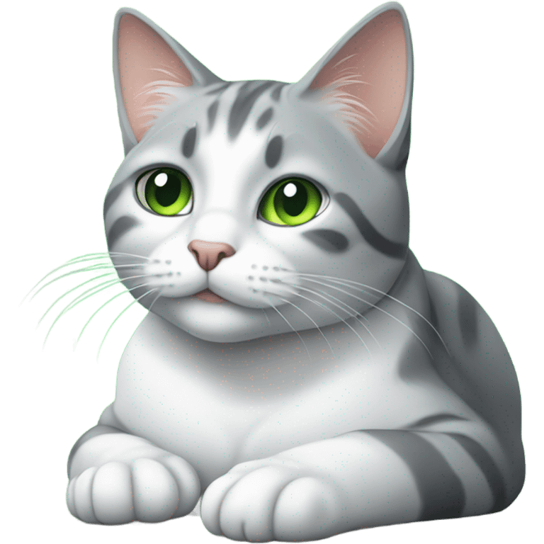 realistic grey and white cat gazing forward while laying down with green eyes  emoji