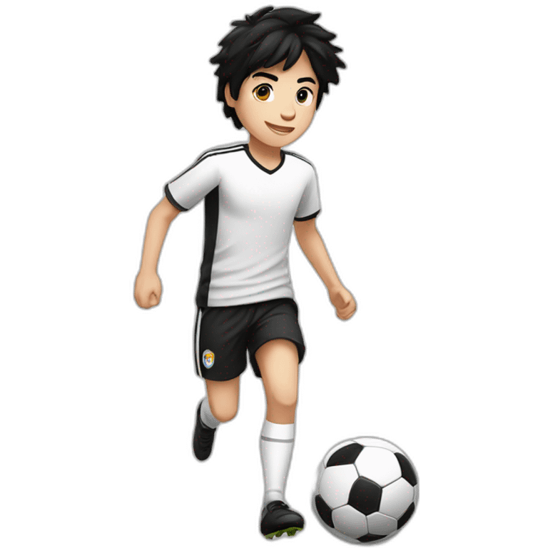 Male teenager with black hair, fair white skin, white tshirt, black shorts, playing soccer with ball emoji