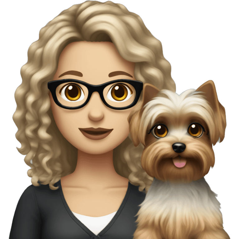 A White girl with curly medium length black hair and glasses holding a Yorkie  emoji