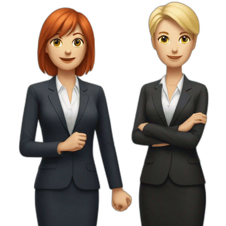 Middleaged, redhaired female CEO with bangs holding hands with middleaged, female blond CEO smoking emoji