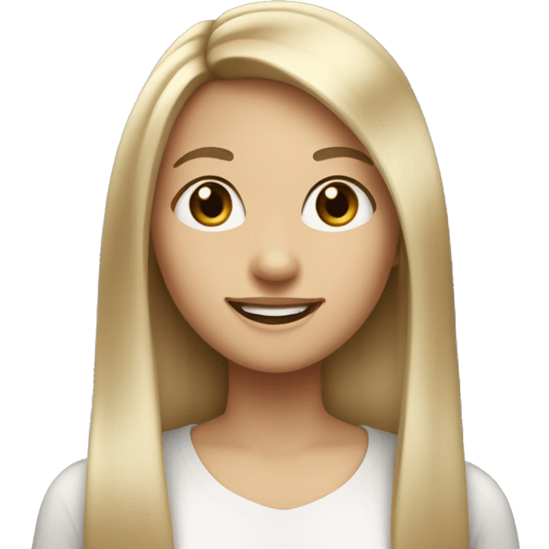 A girl with straight long hair , Ash Blonde hair styled in a bang. Fair skin. Dark brown eyes. Smiling naturally. emoji