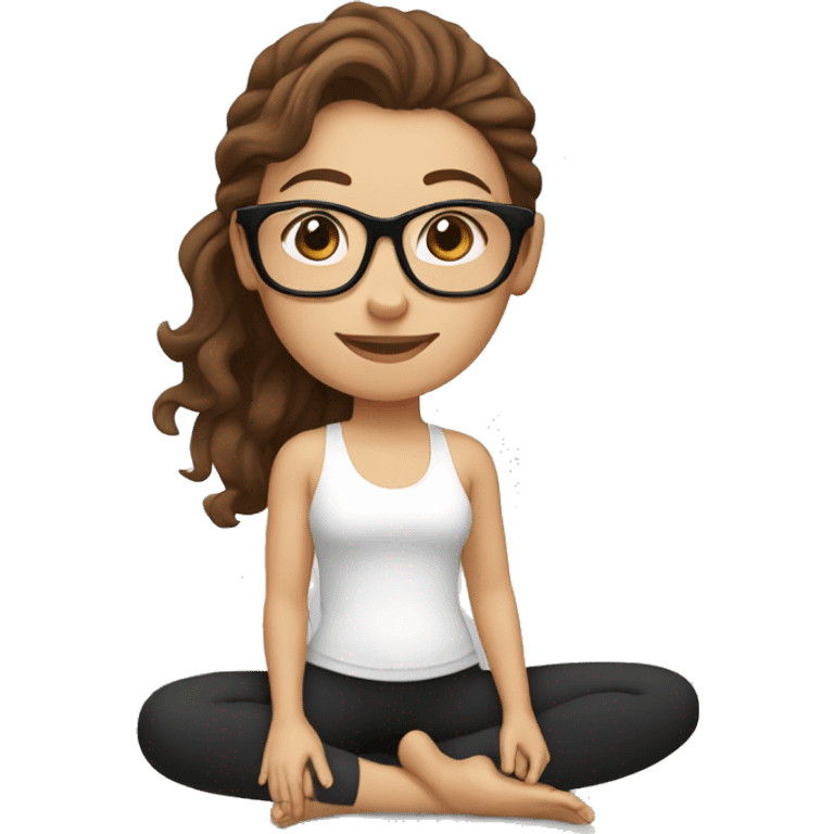 White girl with wavy brown hair, brown eyes and black glasses doing yoga emoji