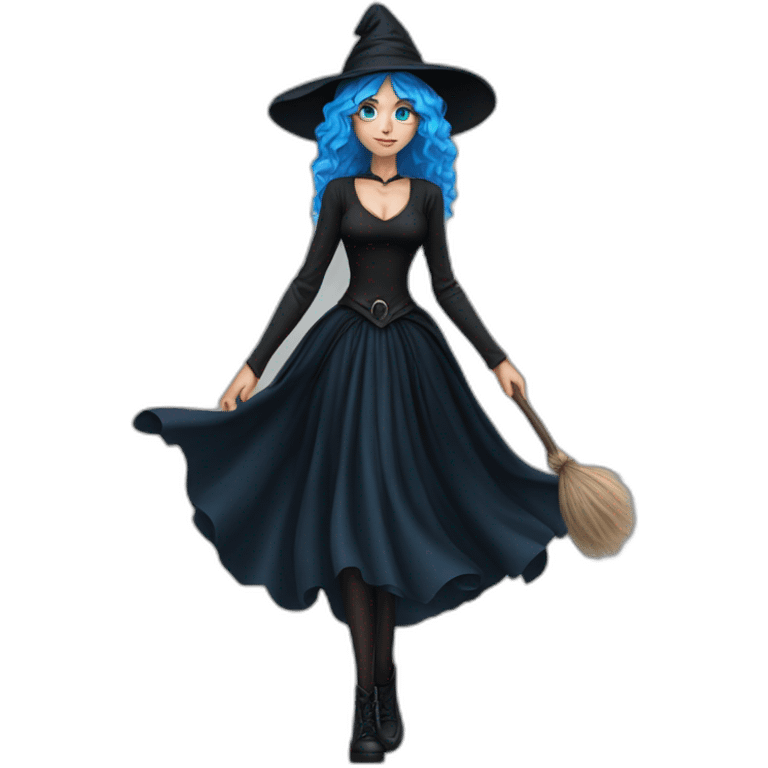 Blue-haired blue-eyed witch in black full skirt full length emoji