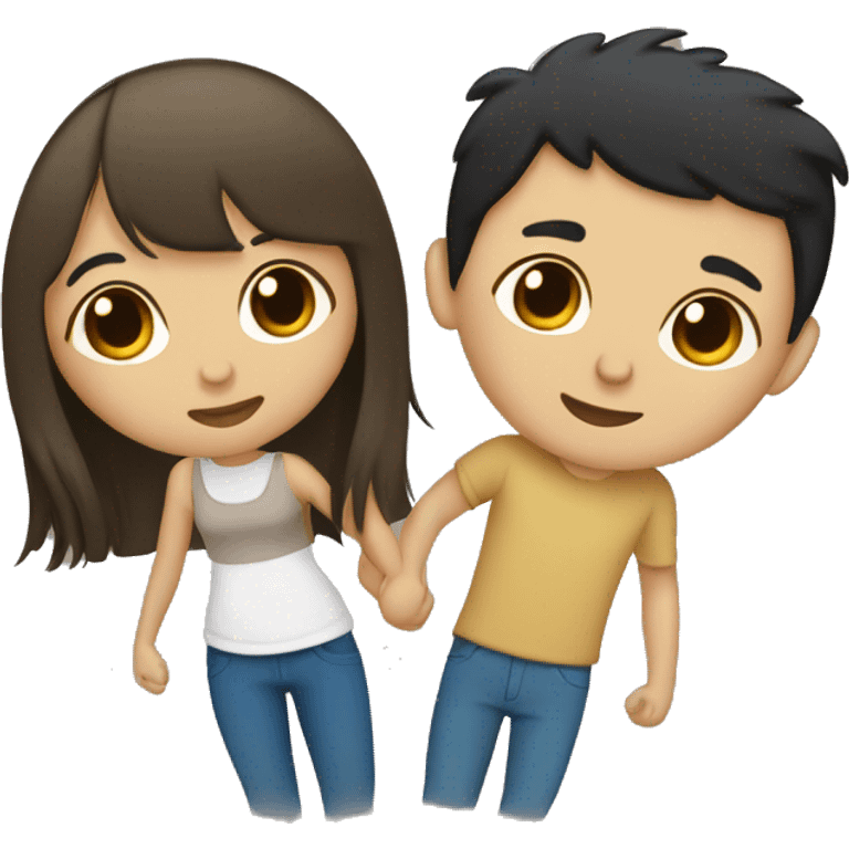 Tan skin girl with black hair and bangs, white skin boy with blonde hair and blue eyes, kissing emoji