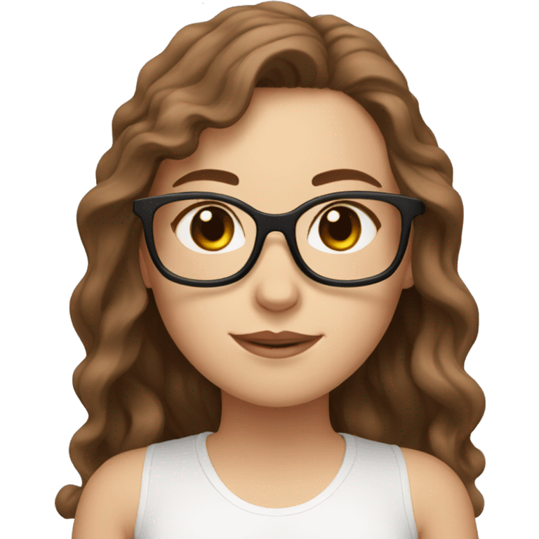 White girl with wavy brown hair, brown eyes and black glasses doing yoga emoji