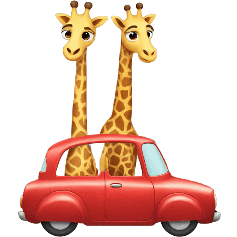 two cute giraffes driving in a red car emoji