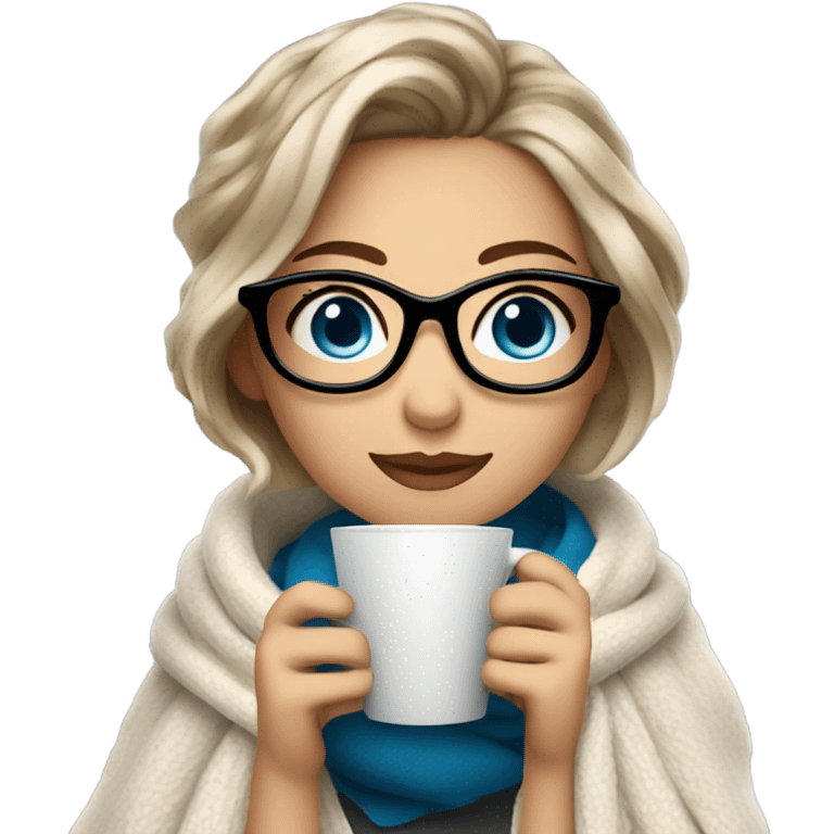 Balayage short hair Girl drinking coffee, with a cozy blanket wearing glasses with blue eyes beautiful  emoji