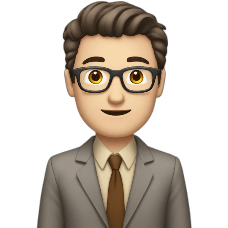 To belt Actively gesturing with hands Pale skinned fit man teacher with dark brown hair in gray jacket, beige office shirt, brown tie, brown pants and vintage glasses. emoji