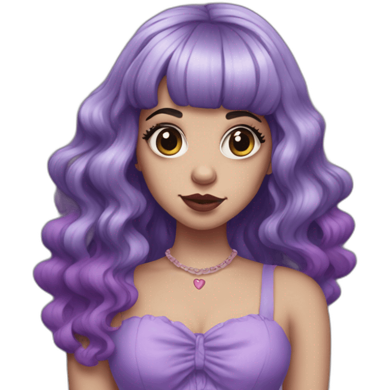 Melanie Martinez with long split dye hair and a purple dress with a heart emoji