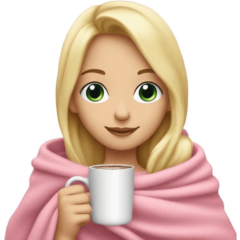 Pretty blond girl with pink blanket holding hot chocolate emoji