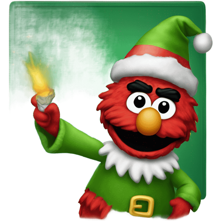 Elmo as a Christmas elf who has explosive emoji