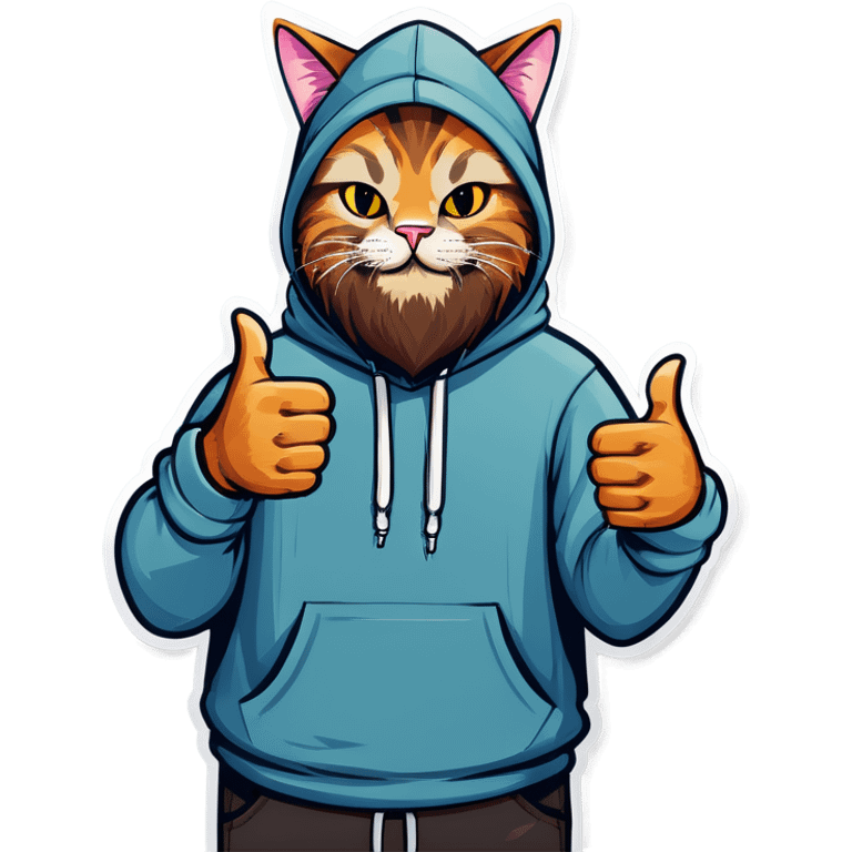 Cat with beard and hoodie , thumbs up emoji