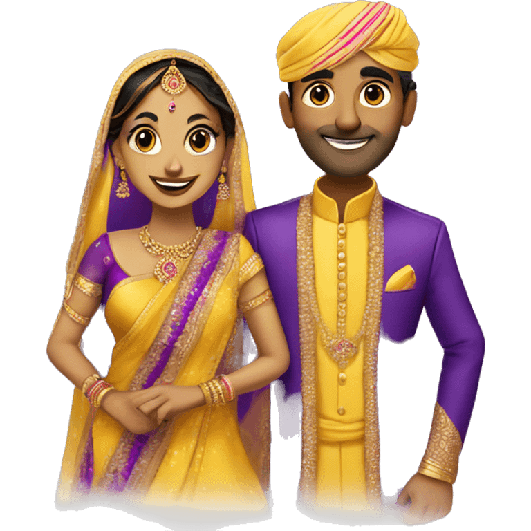 Indian bride and groom. Yellow saree and purple sherwani emoji