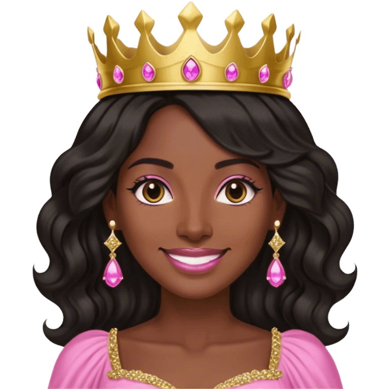 Crown dark black women smiling with really long lightly WAVY hair pink dress pink crown facing forward black hair middle age adult woman gold gems in crown gold earrings  one woman emoji