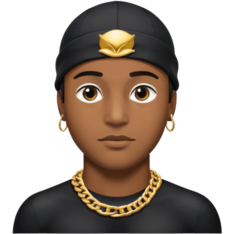 Brown skin man with black swim cap on wearing a gold chain necklace and a black shirt emoji