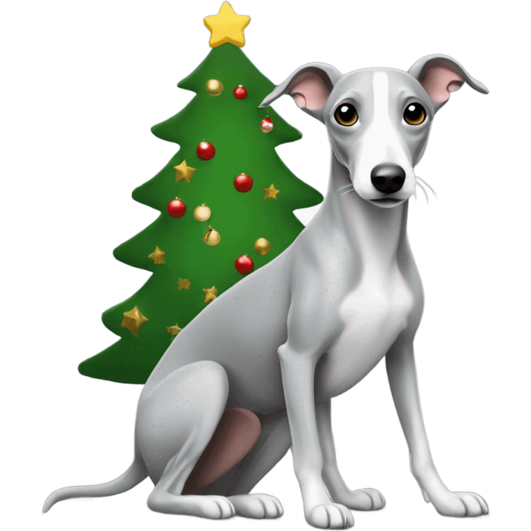 Christmas tree with a grey whippet sat by it emoji