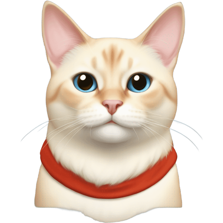 chubby fat, flame point Siamese, short fur, with white fur with orange accents, and blue eyes, smiling, wearing a red santa hat  emoji