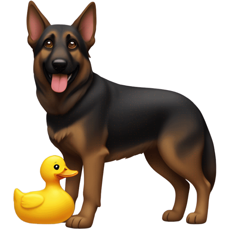 Dark brown German shepherd with a squeaky duck toy emoji