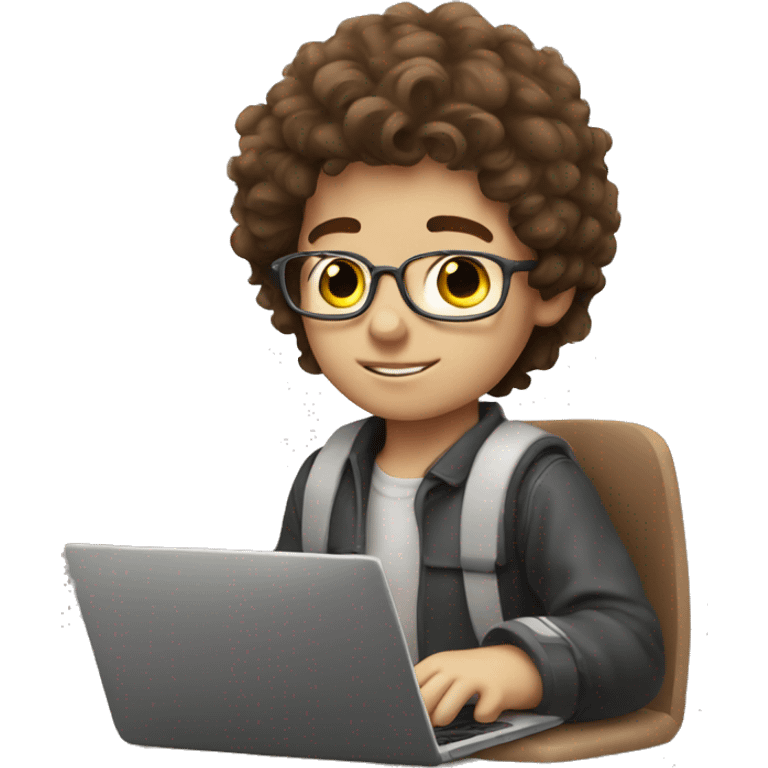  boy who is working on laptop with fluffy brown hair and white skin emoji