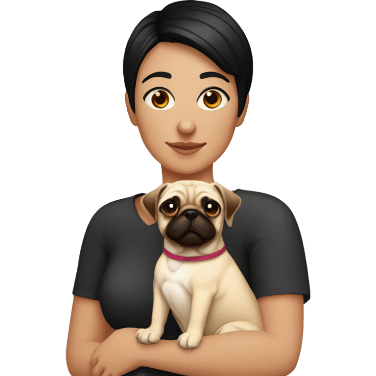 Lesbian woman Black short hair causacian sking hugging a pug emoji