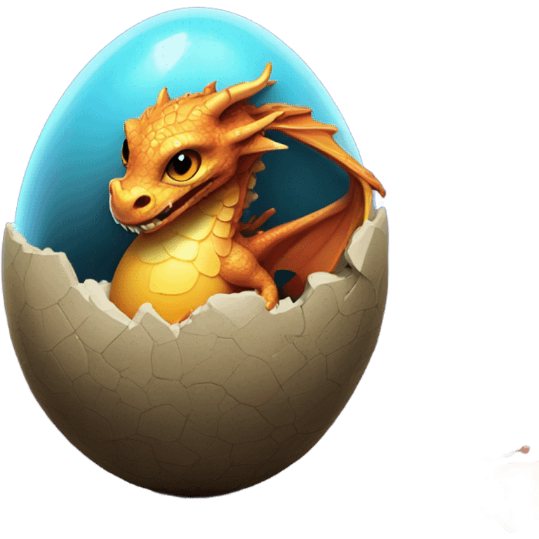 Create an image of a tiny dragon hatching from an egg in a sunlit meadow, surrounded by curious glowing butterflies. Vibrant colors, detailed scales. emoji