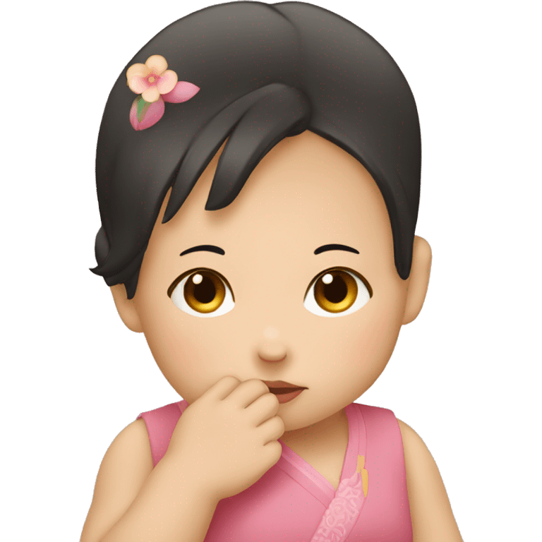 chinese baby girl posing with her hand on her chin, like hand holding her face up  emoji