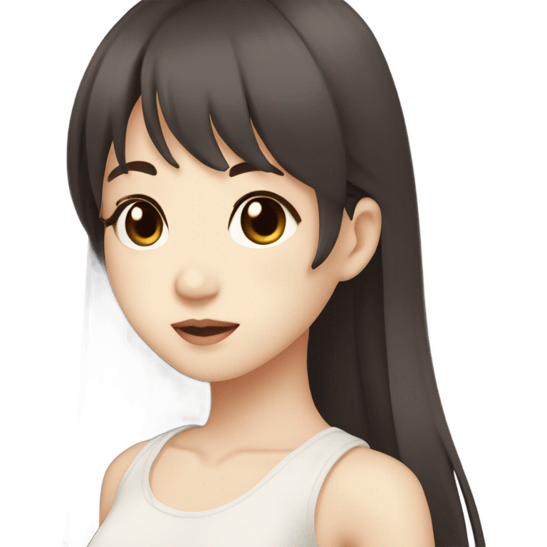 Asian girl dark brown long hair hime cut straight bangs brown eyes cute appearance pale skin long hair white laced tank top emoji