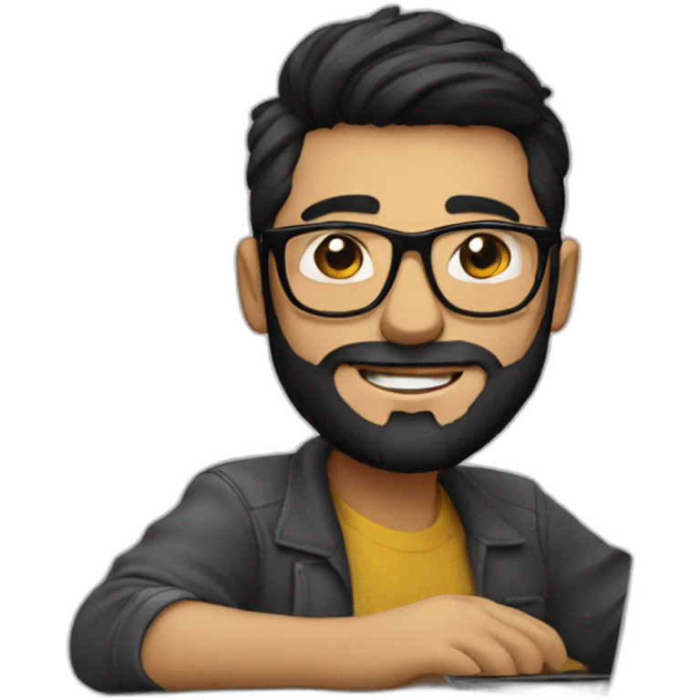 Designer with black hair, beard and glasses working with MacBook and drinking cappuccino  emoji