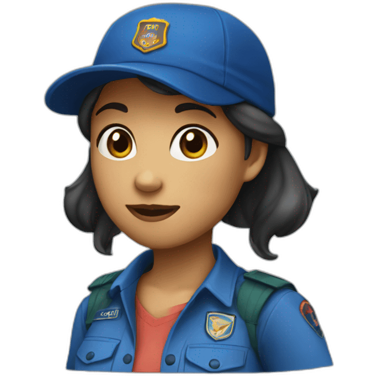 Scout girl with blue shirt and dark blue skirt and a cap emoji