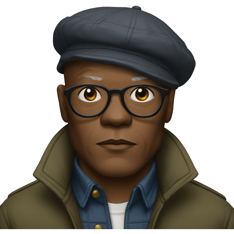 bald samuel l jackson serious wearing shirt and backwards Kangol emoji