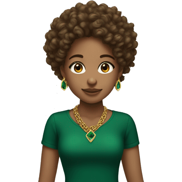 A lightskinned girl with brown curly hair and emerald green top with gold necklaces  emoji