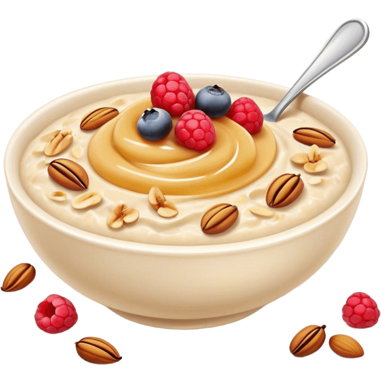 Cinematic creamy oatmeal, smooth texture with a swirl of honey on top, garnished with fresh berries and nuts, warm and comforting, cozy golden tones, rich and delicious. emoji