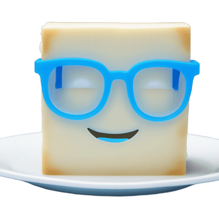 a tofu emoji with blue tinted glasses that are one color see through. put the tofu on a white plate. add a laptop in the front, screen turned towards tofu illuminating its face. emoji