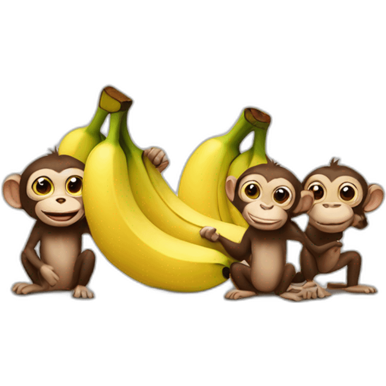 Three different monkeyscuddlign with bananas in their hand  emoji