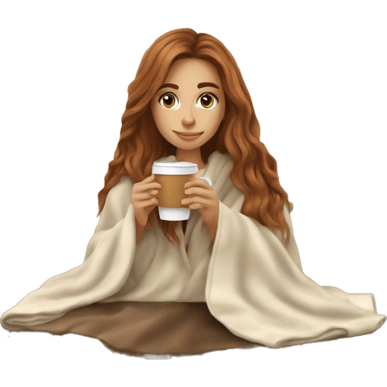 Auburn long haired girl in with a blanket and a latté coffe emoji