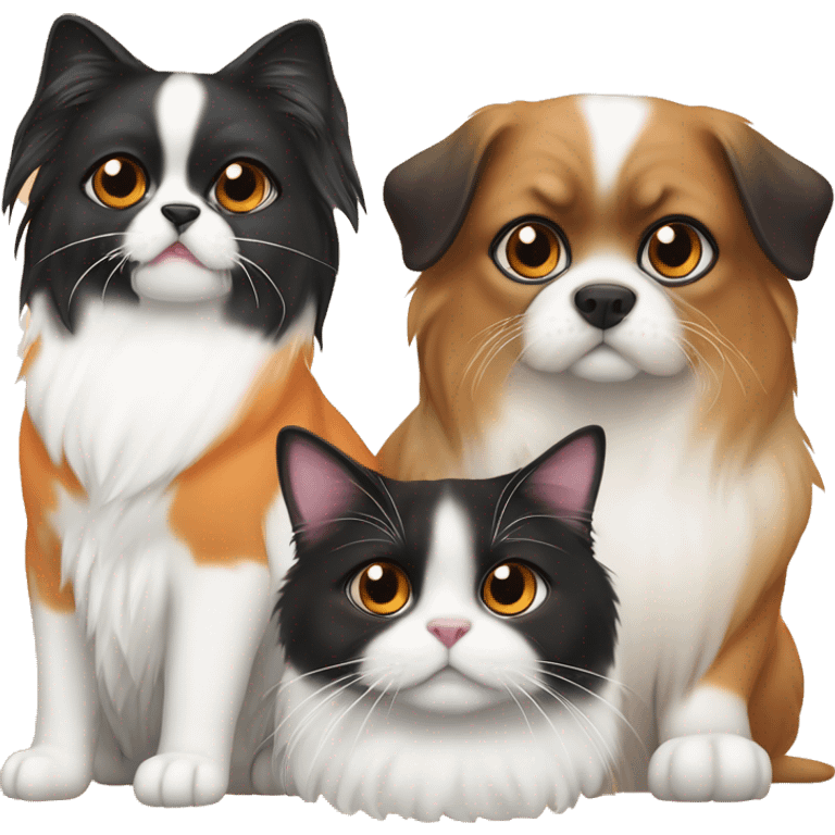 4 cats and a dog emoji One cat is orange, one is tuxedo and teo are domestic cats Dog is pekingese emoji