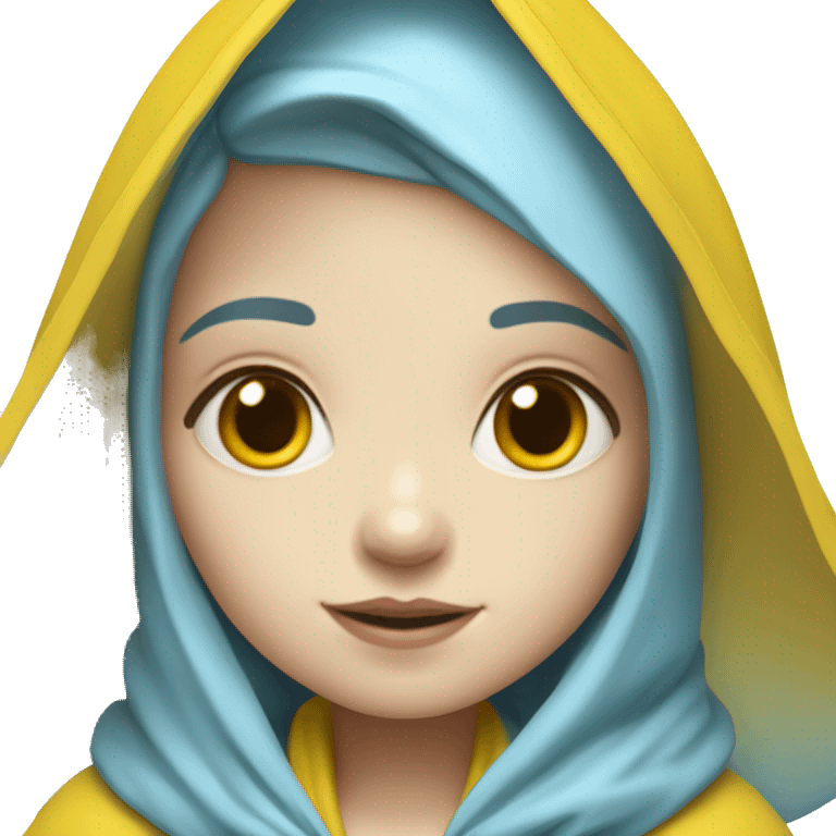 Cute little girl pale skin with light blue hair wearing a yellow raincoat hood up with rosary  emoji