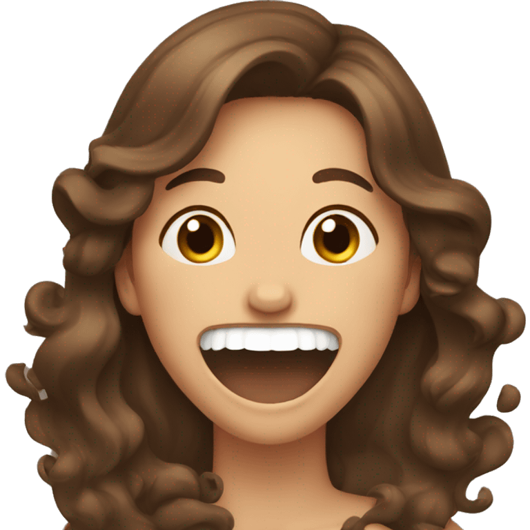 Brown hair woman with long wavy hair laughing while covering her mouth  emoji