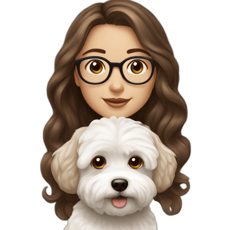 Long brown hair, eyeglassed turkish girl with white maltipoo emoji