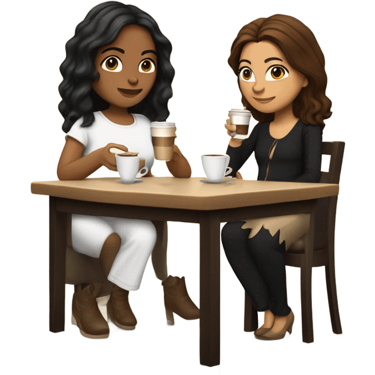 puerto rican woman light skin with shoulder-length, wavy, brown hair drinking latte with Italian Roman woman with black, straight hair drinking espresso at table emoji