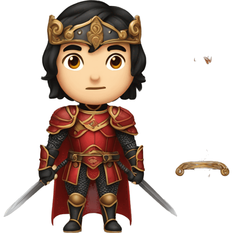 Vintage Tanned man with black hair pointed chin and stern face wearing red and black armour holding sword vintage intricate patterns emoji