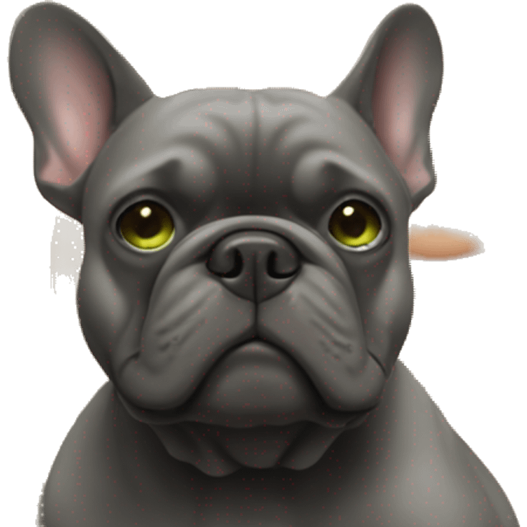 A blonde girl with green eyes with a square hugs a dark gray French bulldog emoji