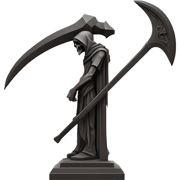 Stone sculpture Reaper scythe with a geometric, faceted design. The scythe is standing upright on a base with angular and baroque features. The vibrant midtone subtlety of dark neutrals highlights the sharp edges and planes.  emoji