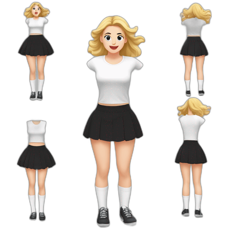 alistic-full-body-caucasian-curvy-beauty-jumping-short black-skirt-back-and-front-views-strong-wind-knickers-long-white-socks emoji