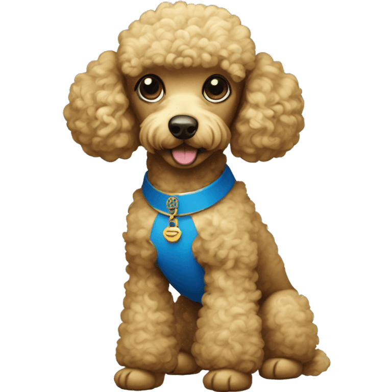 Poodle wearing blue and gold emoji