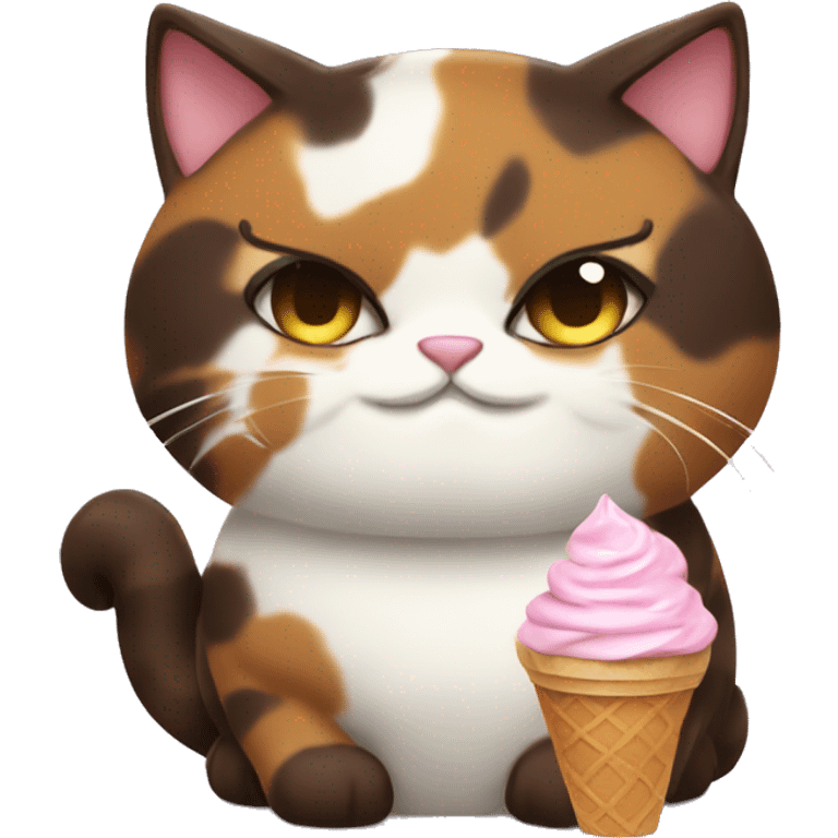 Fat calico cat eating chocolate icecream emoji