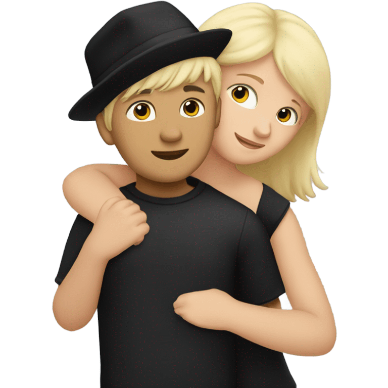 girl with blonde hair hugging boy with black hair and a black hat emoji