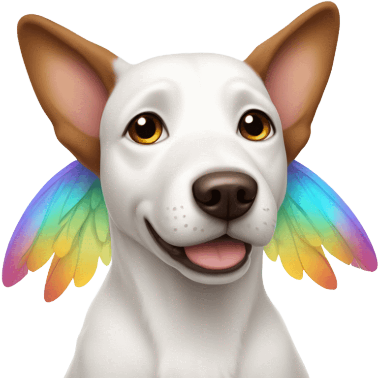 White dog with brown ears wearing fairy wings  emoji