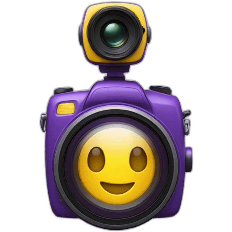 a spherical pixar lens of a camera, purple and yellow is smiling emoji